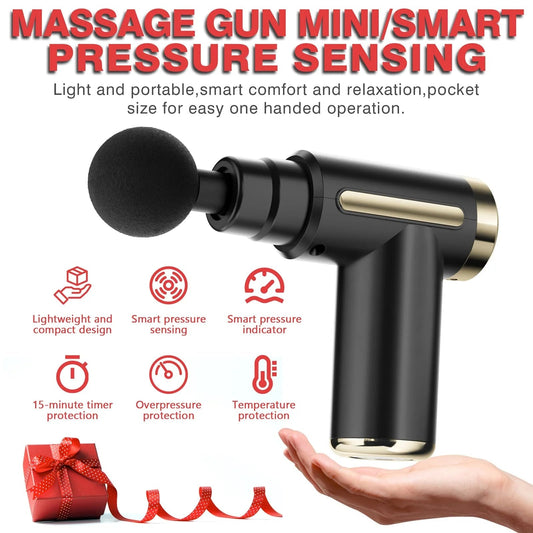 Massage gun with smart pressure sensing technology on a white background