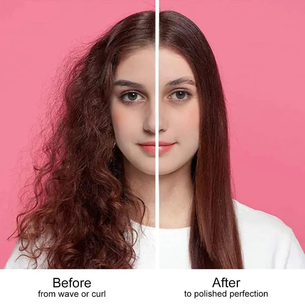 Before and after hair transformation showing frizzy to smooth straight hair using 3-in-1 brush