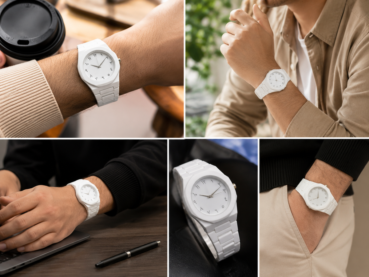 A collage of five lifestyle photos showing a white minimalist analog watch with a matching white textured strap worn on a wrist, in various settings including near a coffee cup, at a desk, and in casual outdoor and indoor scenes.