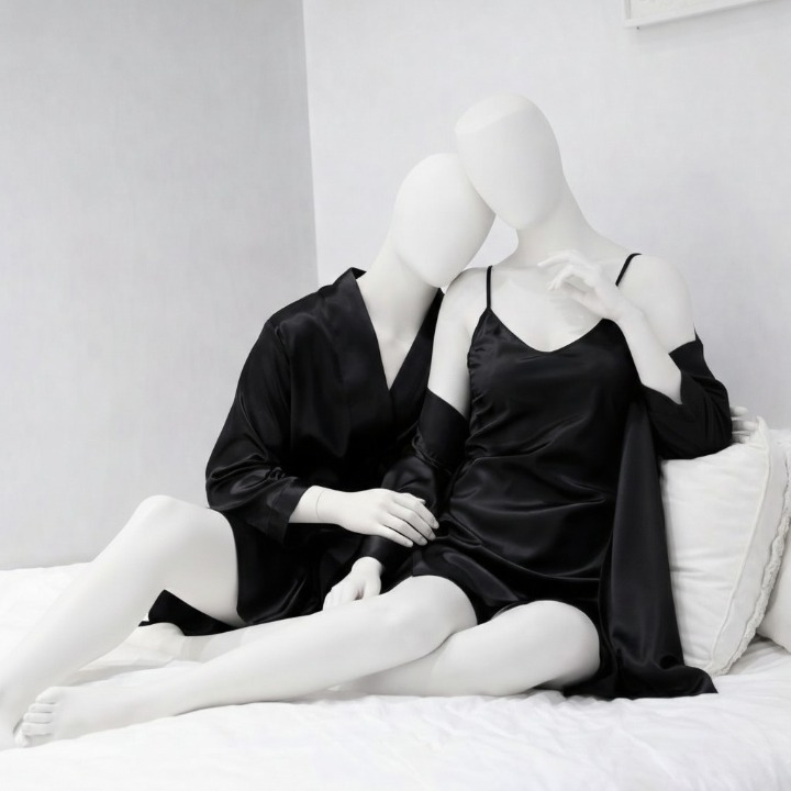 Two mannequins in black satin nightgowns sitting on a bed in a minimalistic room.