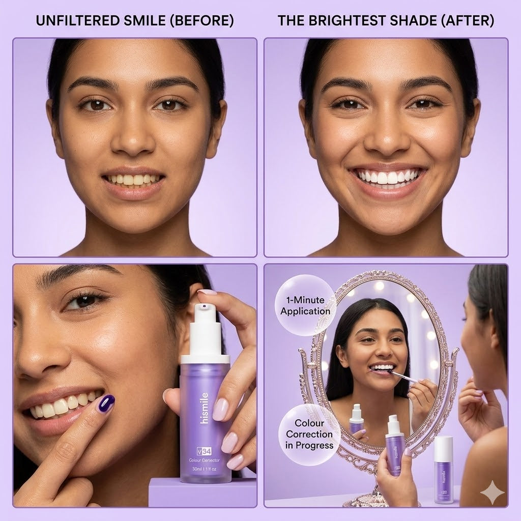 A four-panel promotional collage for a purple cosmetic bottle. The top row shows a before-and-after face comparison labeled 'UNFILTERED SMILE (BEFORE)' and 'THE BRIGHTEST SHADE (AFTER)'.