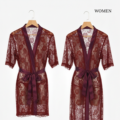 Two burgundy lace robes on hangers with 'WOMEN' label.