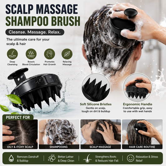 A scalp massage shampoo brush shown in a promotional infographic with a large demonstration photo of a person having their scalp massaged, close-up product views of the black brush, feature icons, and text highlighting benefits for oily, itchy scalp, shampooing, and hair care routines.