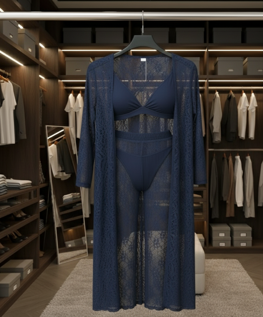 Blue lace lingerie set with matching robe in a clothing store setting