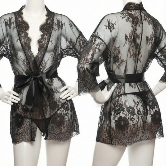 Black lace lingerie set on mannequins with a white background