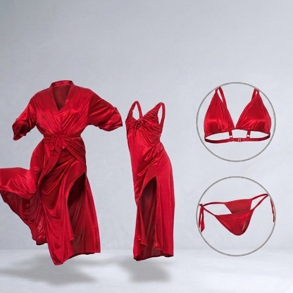 Red satin robe, dress, and bikini set on a light gray background