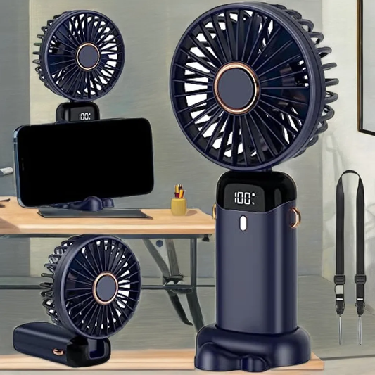 Black handheld fan with digital display on a desk setup
