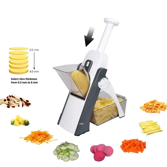 Multifunctional vegetable chopper with sliced vegetables displayed on a white background