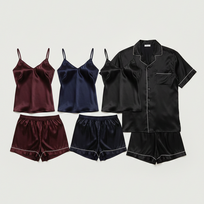 Black and burgundy satin pajama set with matching tops and shorts on a light gray background