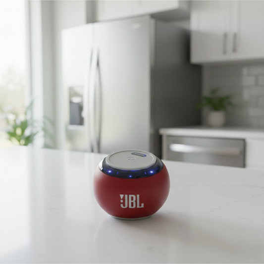 Red JBL speaker on a kitchen counter with a blurred background
