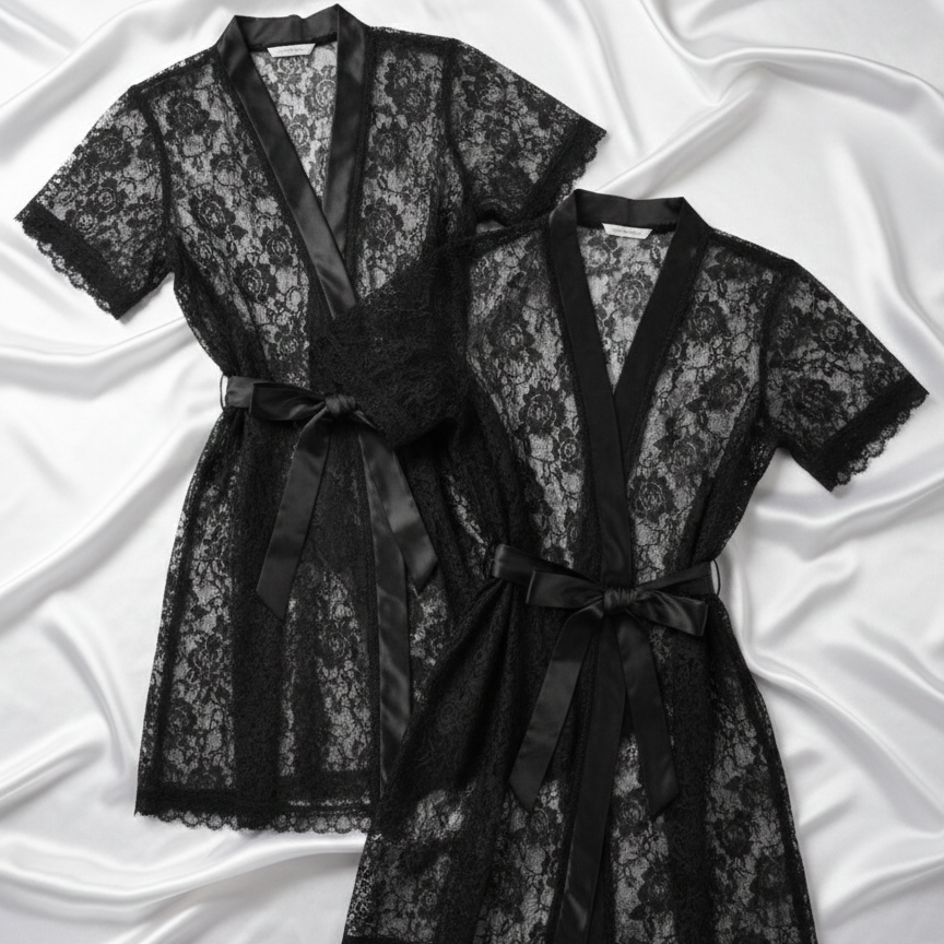 Black lace robe with satin trim on a white satin background