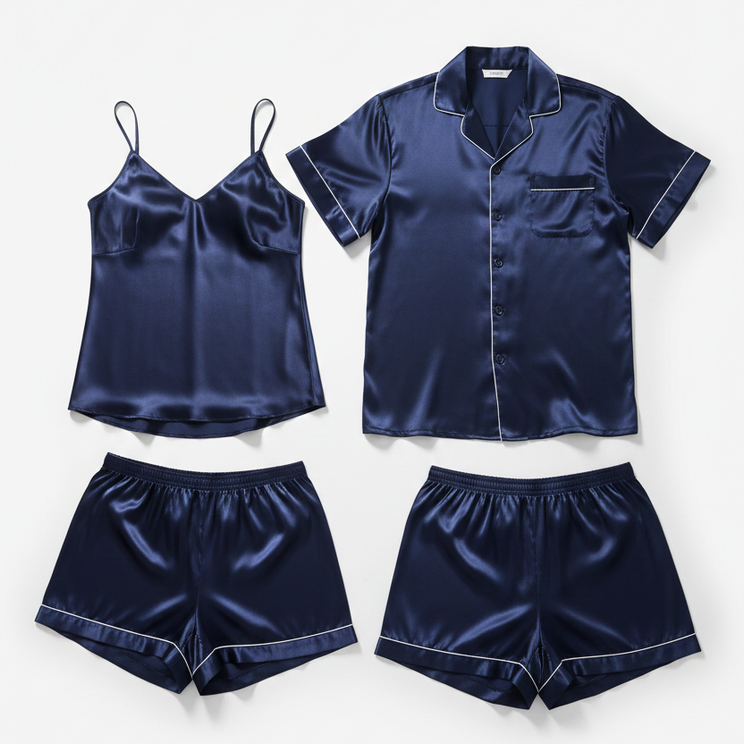 Navy satin pajama set with top, shorts, and shirt on a white background