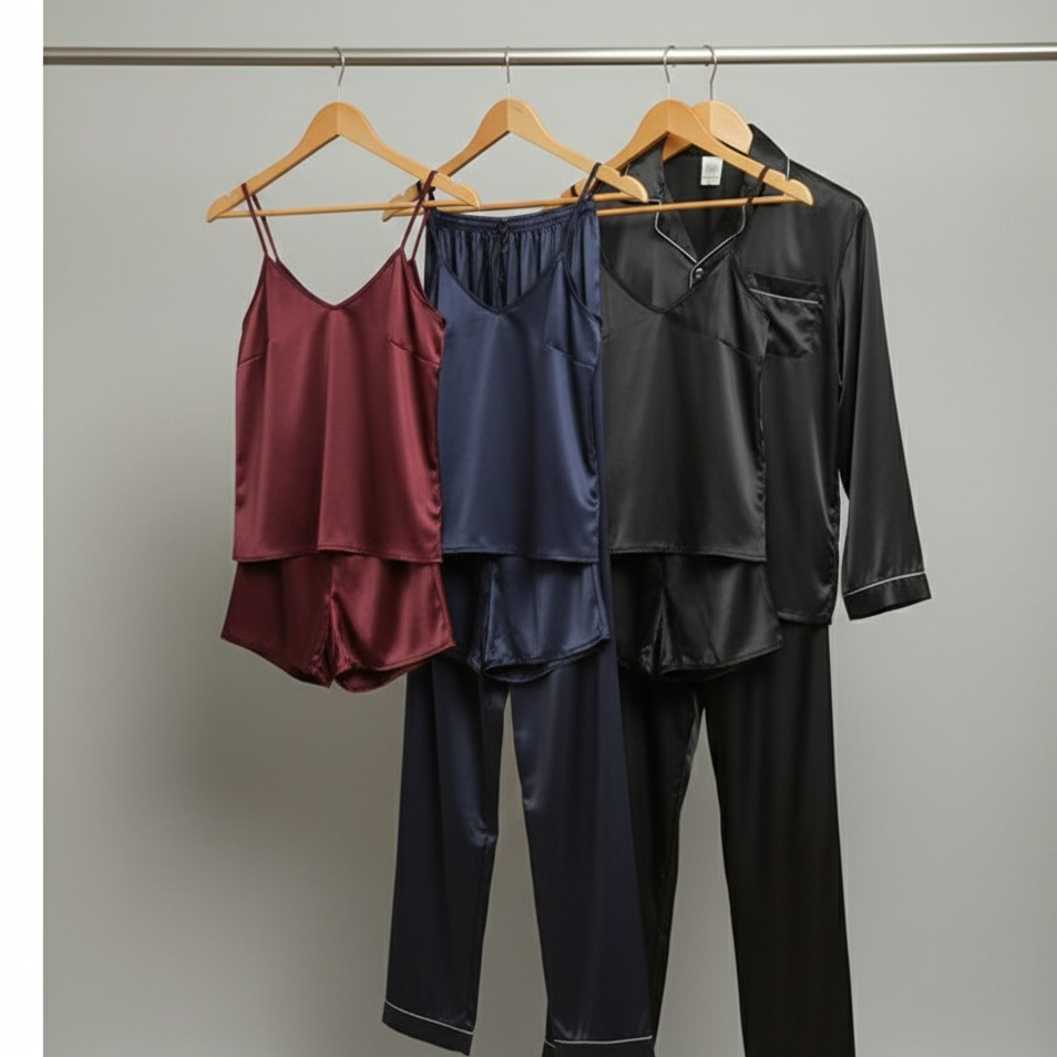 Three sets of satin pajamas in red, blue, and black hanging on wooden hangers against a gray background.