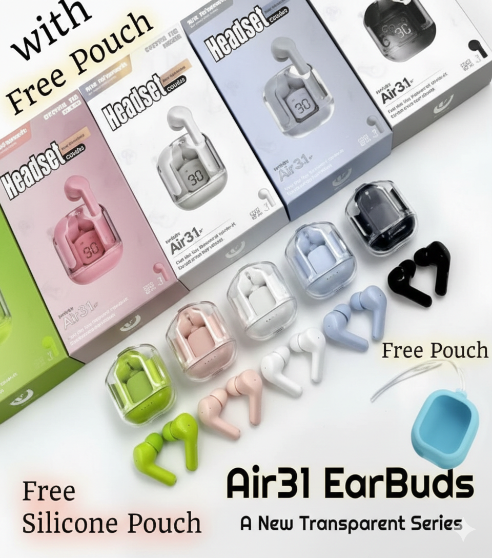 Air31 earbuds with packaging and free pouches on a white background