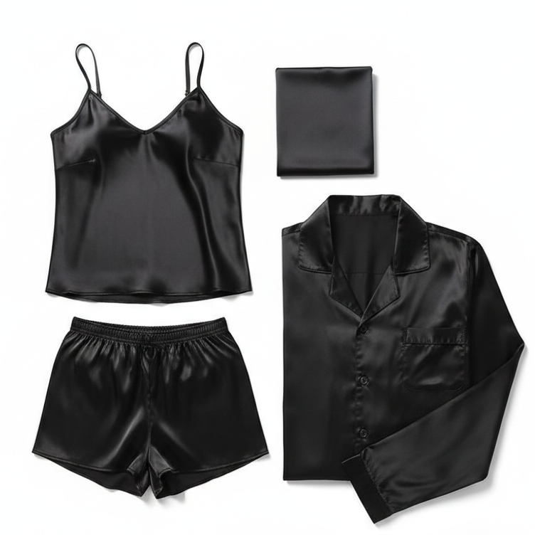 Black satin loungewear set including a top, shorts, and a jacket on a white background.