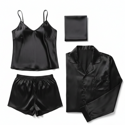 Black satin loungewear set including a top, shorts, and a jacket on a white background.