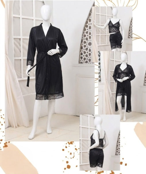 Black lace nightgown on a mannequin with a white background