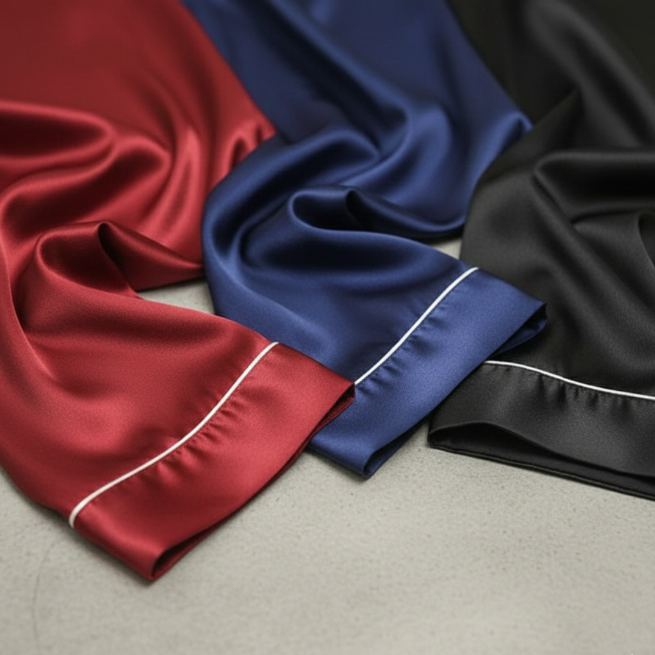 Red, blue, and black satin fabric with white piping on a gray surface