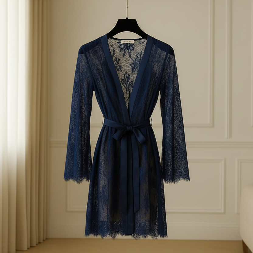 Navy blue lace robe on a hanger against a neutral wall.