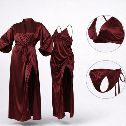 Burgundy satin robe, dress, and bikini set on a white background