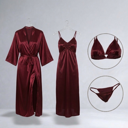 Burgundy satin robe, nightgown, and bikini set on hangers against a white background.
