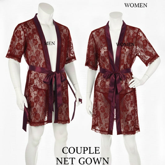 Two lace gowns, one for men and one for women, on mannequins with 'COUPLE NET GOWN' text.