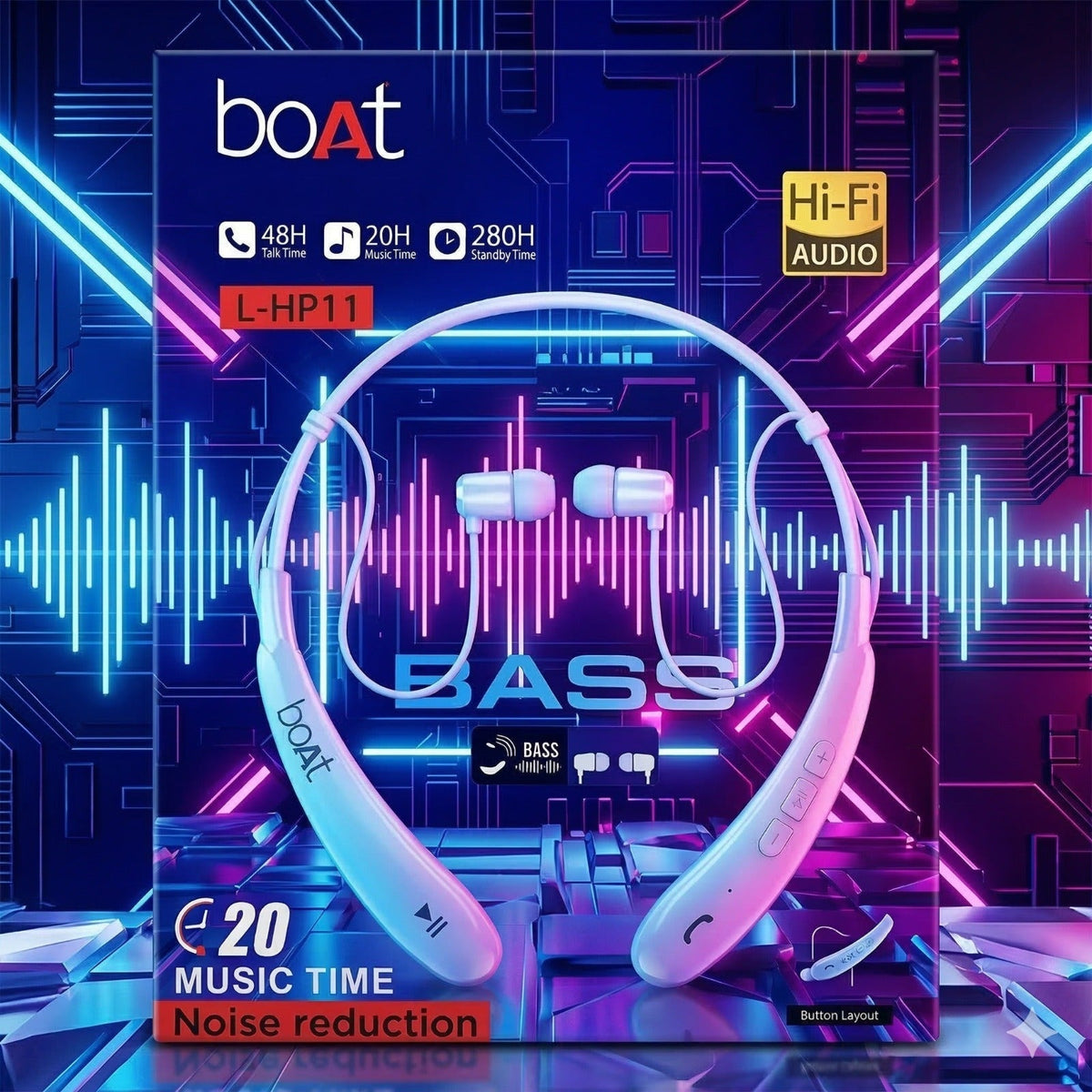 boAt L-HP11 headphones packaging with blue and pink design elements on a futuristic background