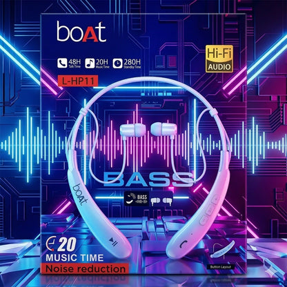 boAt L-HP11 headphones packaging with blue and pink design elements on a futuristic background