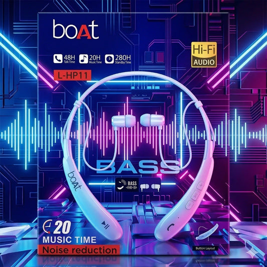 boAt L-HP11 headphones packaging with blue and pink design elements on a futuristic background