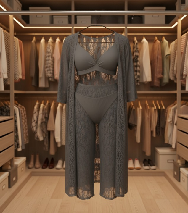Gray lace lingerie set displayed in a wardrobe with clothes and shoes in the background