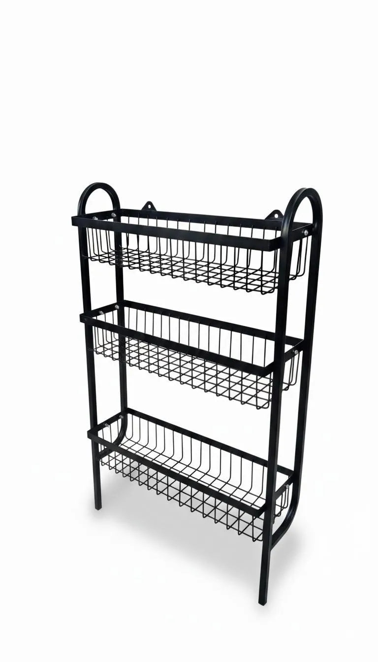 Black metal shelving unit with three tiers on a white background