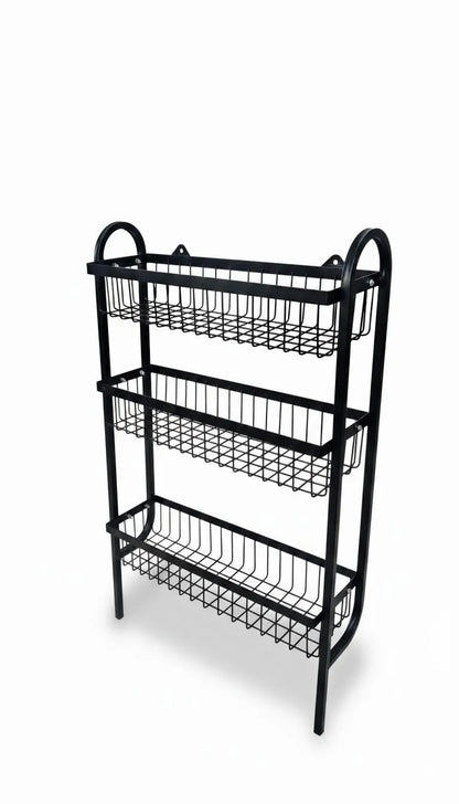 Black metal shelving unit with three tiers on a white background