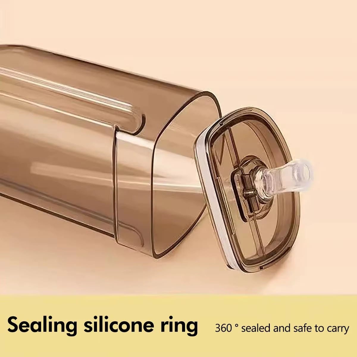Brown silicone lid on a beige background with text about sealing silicone ring