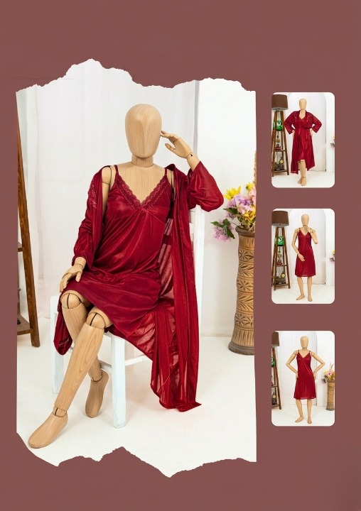 Red satin dress on a mannequin with additional images of the dress.