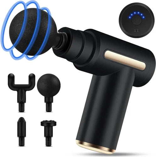 Black massage gun with attachments on a white background