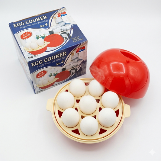 Red and beige egg cooker with eggs on a white background, next to its packaging.