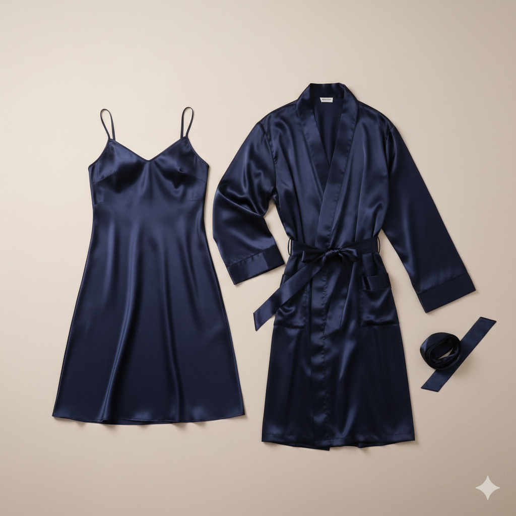 Navy satin nightgown and robe set on a beige background