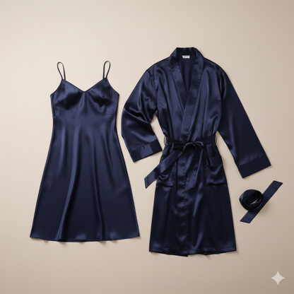 Navy satin nightgown and robe set on a beige background