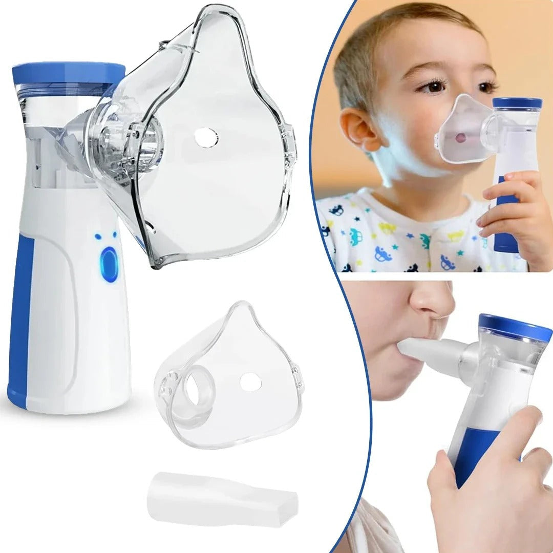 Inhaler device with masks and a child using it on a white background