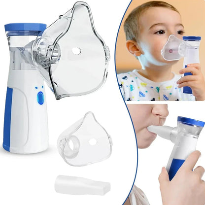 Inhaler device with masks and a child using it on a white background