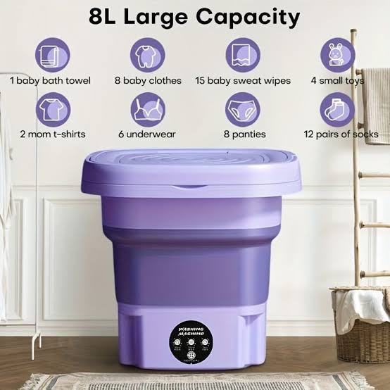 A purple collapsible folding laundry or storage bin shown in a nursery-like room setting, with text reading '8L Large Capacity' and multiple purple icons above listing capacities for baby items and socks. The product itself is the main subject, but the room background and informational graphics make this closer to Lifestyle than a clean studio Product/Packaging shot.