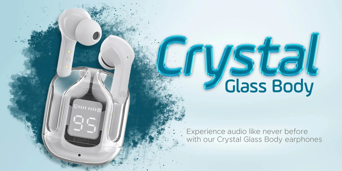 White wireless earbuds with charging case on a blue gradient background, featuring the brand 'Crystal'.