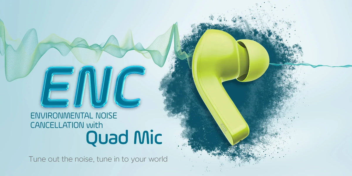 Green earbud with 'ENC' and 'Quad Mic' text on a blue and green background