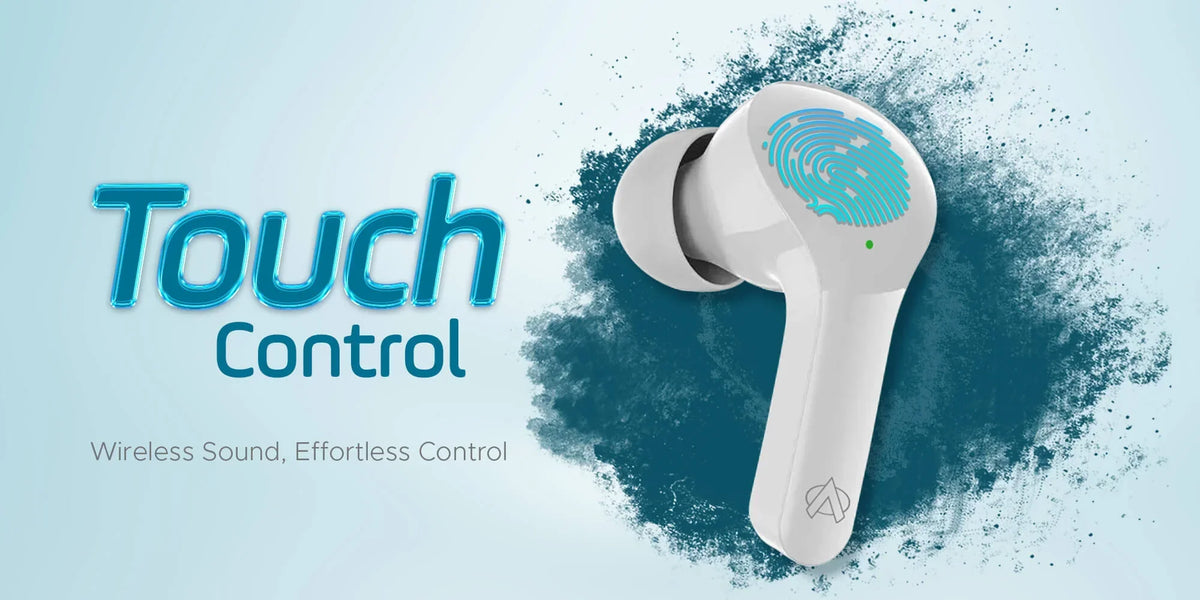 Wireless earbuds with touch control feature on a blue background