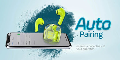 Wireless earbuds with a smartphone displaying auto pairing on a blue background
