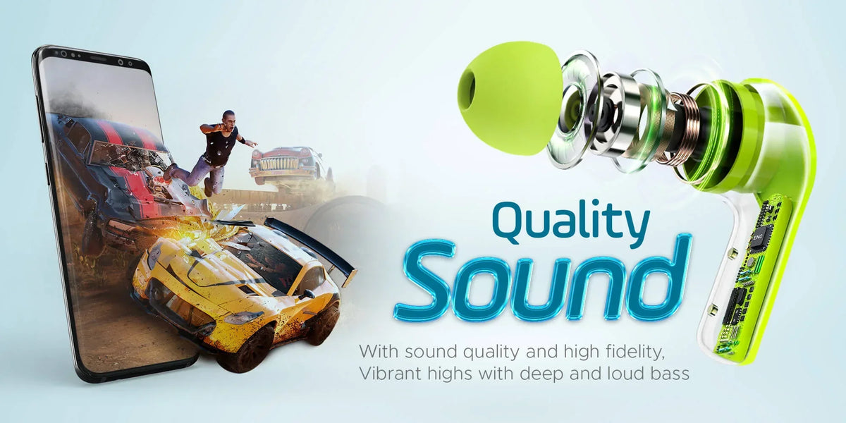 Smartphone displaying a racing game with a green earbud labeled 'Quality Sound' on a light blue background.