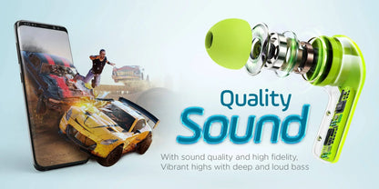 Smartphone displaying a racing game with a green earbud labeled 'Quality Sound' on a light blue background.