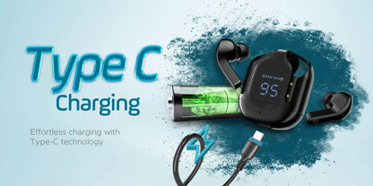 Wireless earbuds with charging case and Type-C cable on a blue background