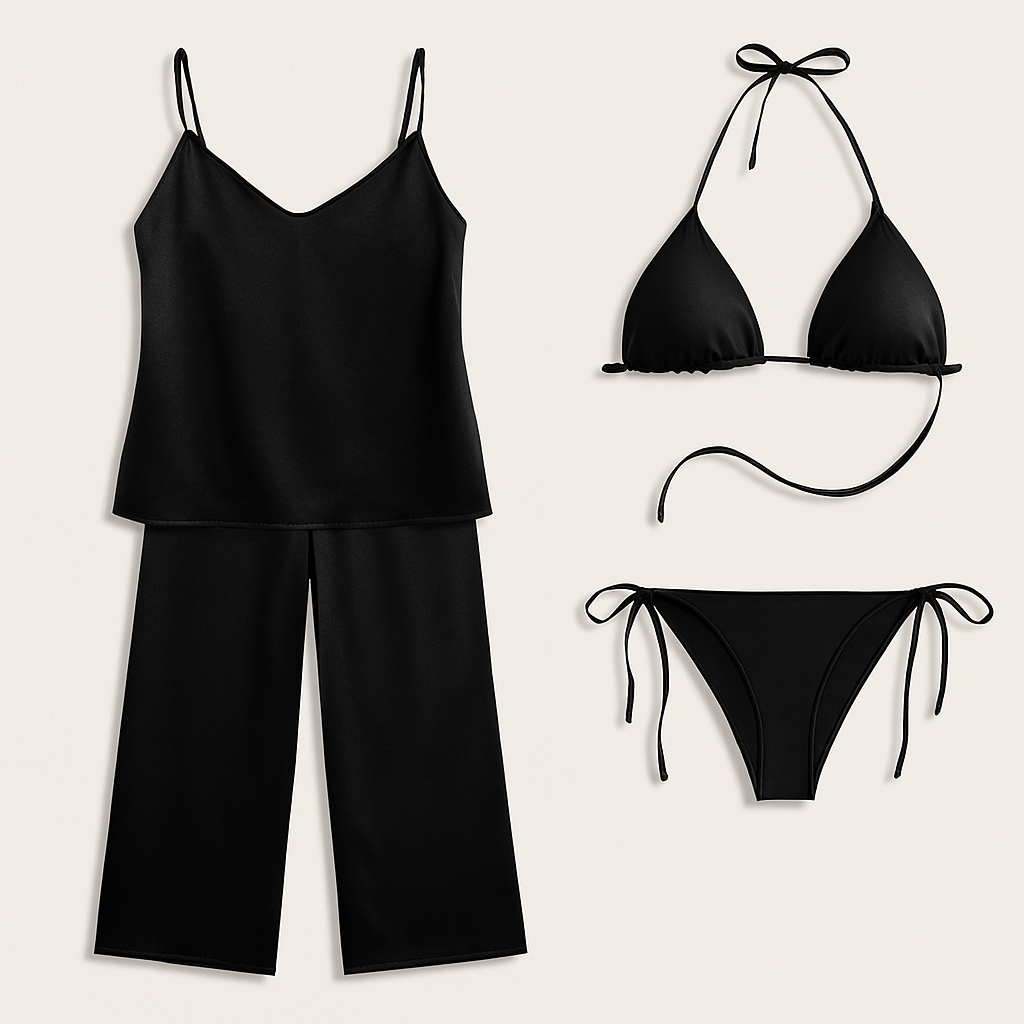Black swimsuit set with top, bikini bottoms, and pants on a light gray background