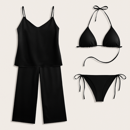 Black swimsuit set with top, bikini bottoms, and pants on a light gray background